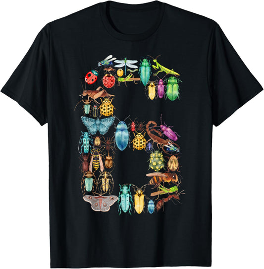 Kids 6th Birthday Bugs Insects Beetles Boys Girls 6 Year Old T-Shirt