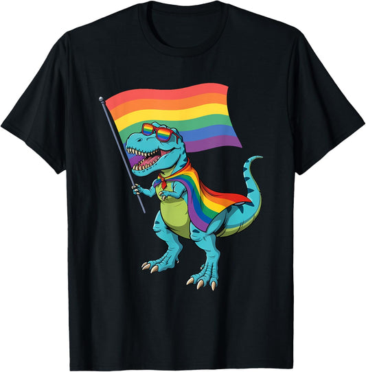 Dinosaur Gay Pride LGBT Rainbow Flag T-Shirt