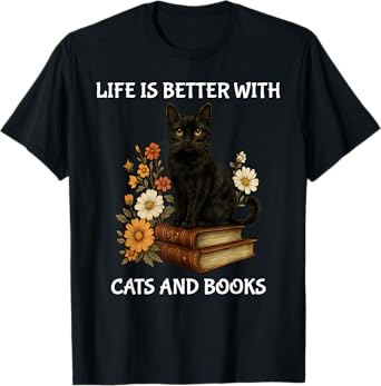 Life Is Better With Cats And Books Cute Cat Lover T-Shirt for Men Women Kids