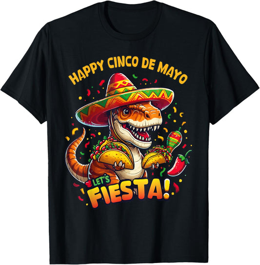 Cinco De Mayo Funny Dinosaur Holding Taco Let's Fiesta Party T-Shirt