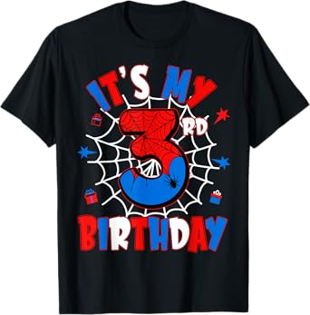Kids It's My 3rd Birthday Spider Theme Party 3 Years Old T-Shirt