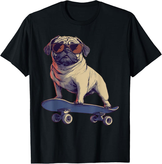 Funny Dog Pug On A Skateboard Skateboarding T-Shirt