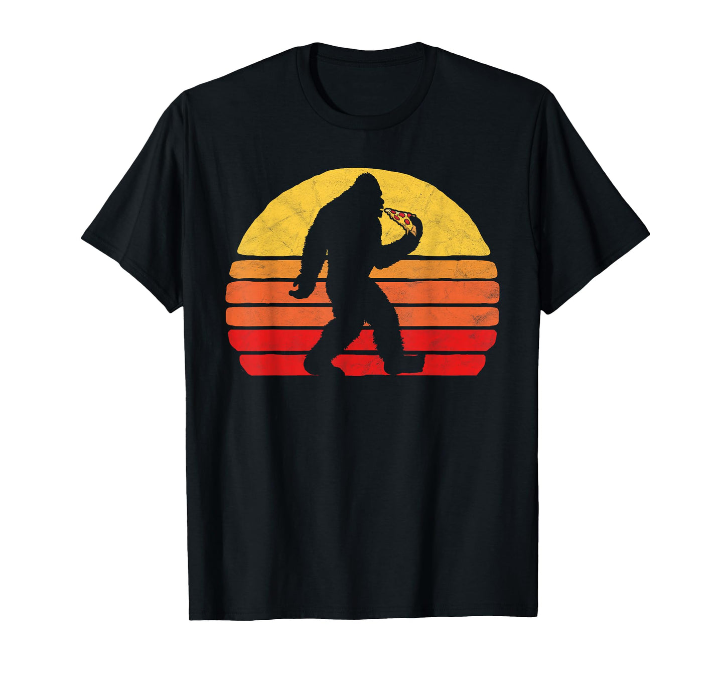 Sasquatch and Pizza! Funny Eating Bigfoot & 80s Sun Graphic T-Shirt