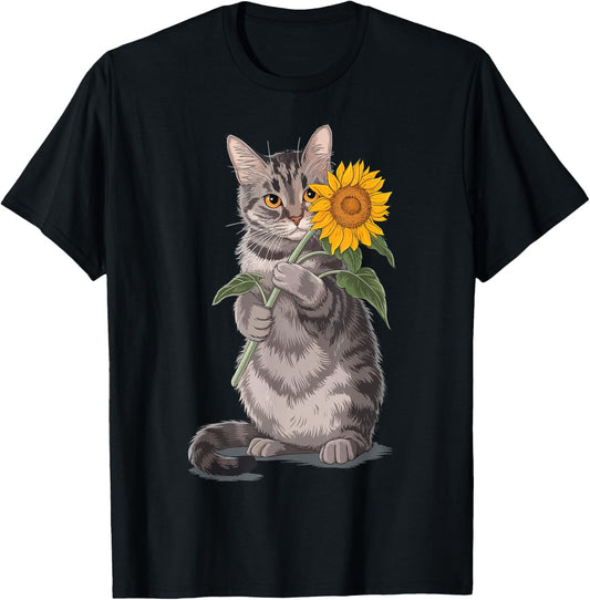 Cat Holding Sunflower T-Shirt