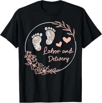 Funny Labor and Delivery Nurse Co Tee - Women's Retro Floral Nursing Shirt - Black, Small - Short Sleeve T-Shirt