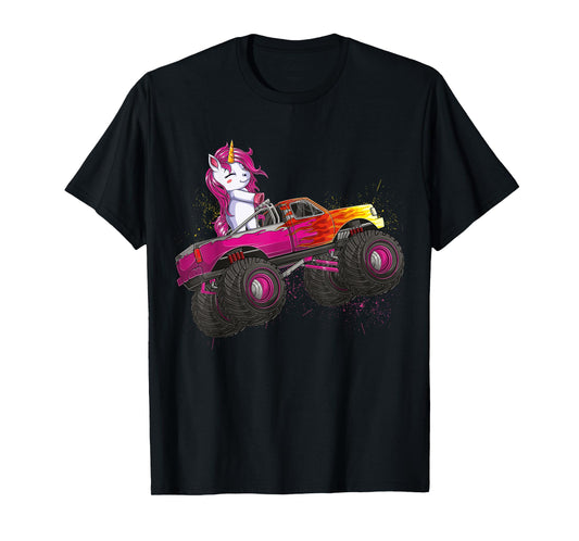 Cute Unicorn Riding Monster Truck Lovers Girls Kids Women T-Shirt