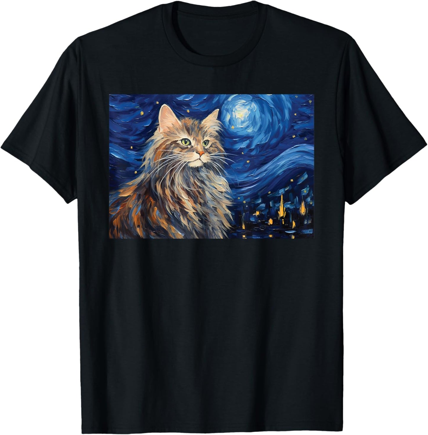 fluffy cat Painting art Starry Night kitty kitten Van Gogh T-Shirt
