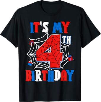 Birthday Boy Kid It's My 4th Birthday Spider Web 4 Year Old T-Shirt