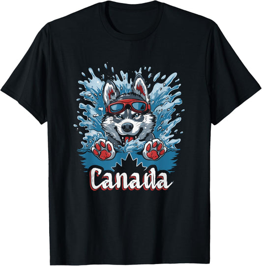 Canada Husky Dog Swimming Art - Canadian Souvenir T-Shirt