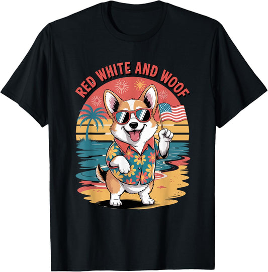 red white and woof corgi 4th of july patriotic beach USA T-Shirt