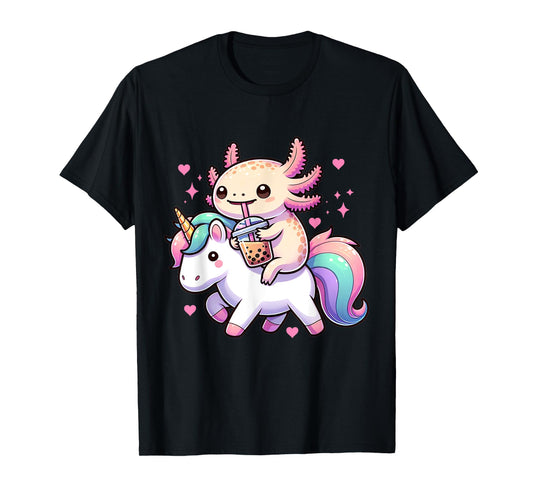 Cute Anime Kawaii Axolotl Riding A Unicorn And Drinking Boba T-Shirt