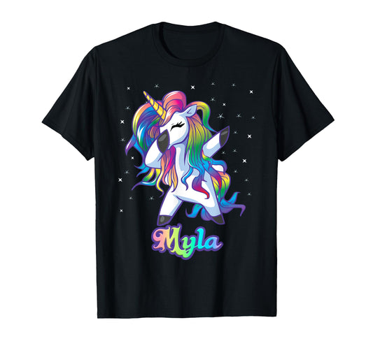 MYLA Name Personalized Custom Rainbow Unicorn Dabbing T-Shirt