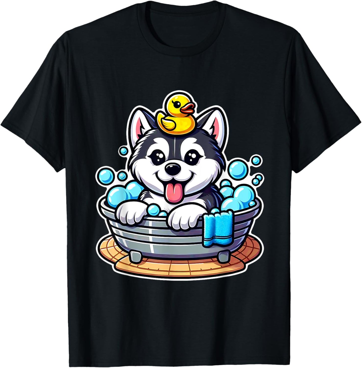 Siberian Husky Puppy Kawaii Cartoon Bubbles Bath Dog Lover T-Shirt
