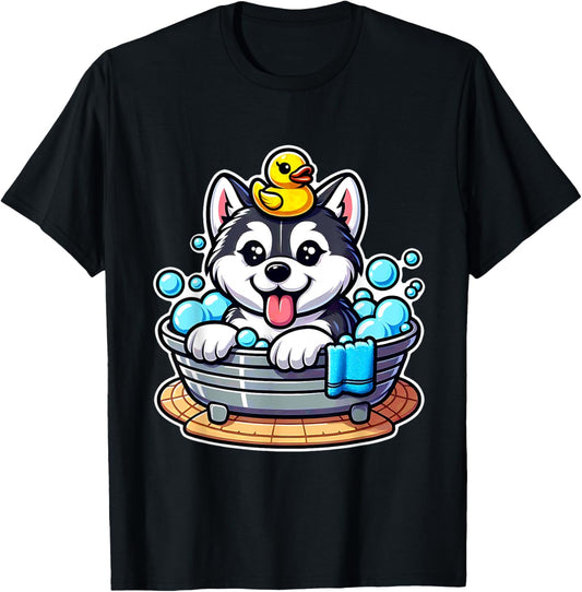 Siberian Husky Puppy Kawaii Cartoon Bubbles Bath Dog Lover T-Shirt