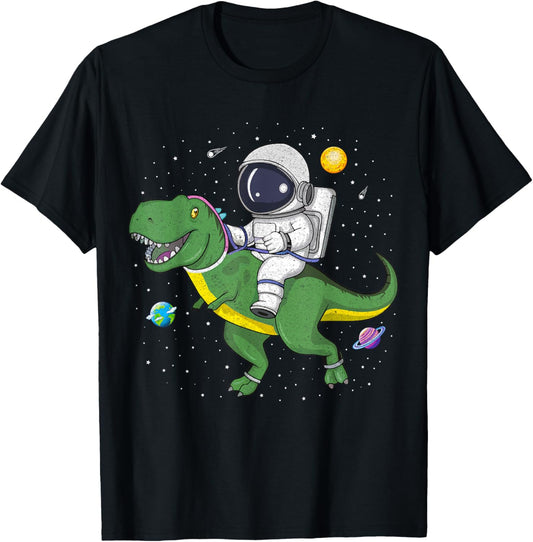 Funny Astronaut Riding T-Rex in Space Dinosaur Men Boys Kids T-Shirt