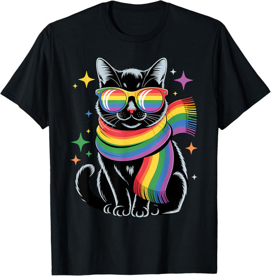 Cute Cat LGBTQ Rainbow Scarf and Glasses Gay Lesbian Pride T-Shirt