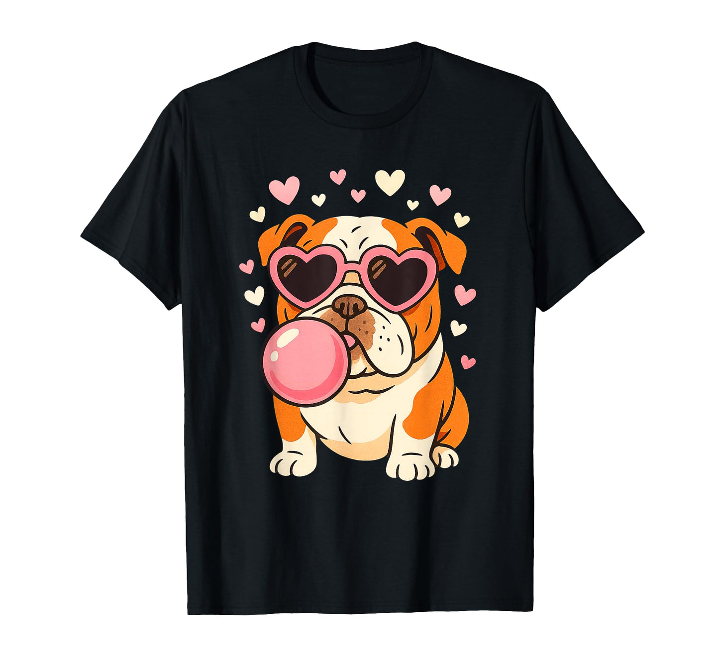 Bulldog Blowing Pink Bubble Gum Hearts Girl Women T-Shirt