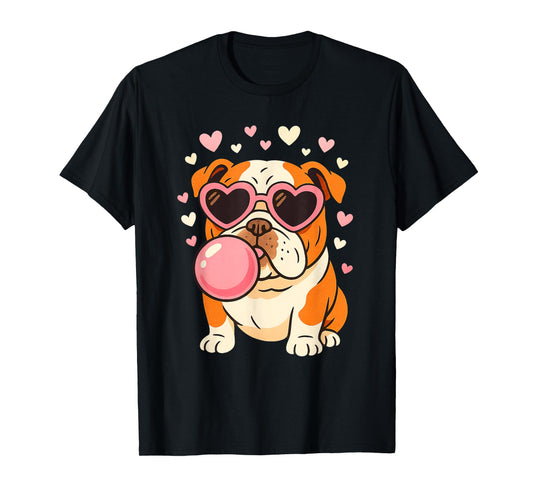 Bulldog Blowing Pink Bubble Gum Hearts Girl Women T-Shirt