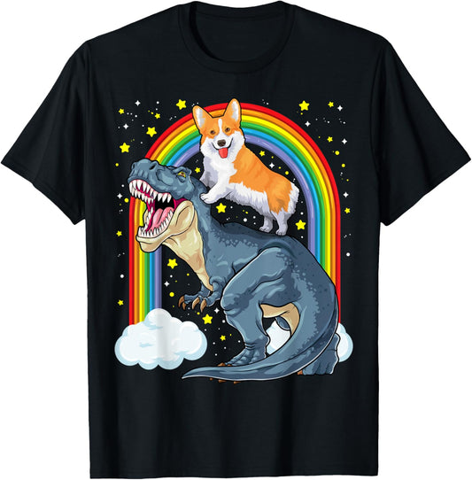Corgi Riding Dinosaur T Rex Dog Funny Corgi Space Kids Boys T-Shirt
