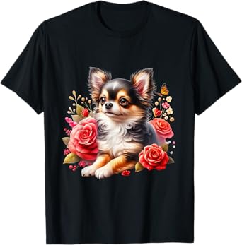 Chihuahua Floral Watercolor Adorable Long Hair Chihuahua T-Shirt