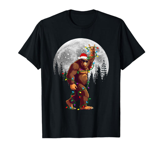 Bigfoot Santa Christmas Tree Lights Funny Xmas Sasquatch T-Shirt