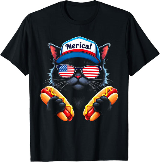 Merica USA American Flag Hotdog Cat Patriotic 4th of July T-Shirt