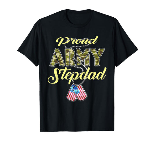 Proud Army Stepdad US Flag Camo Dog Tags Military Stepfather Men Women Kids T-Shirt