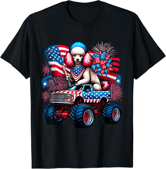 Funny Patriotic Poodle Monster Truck Fireworks American Flag T-Shirt