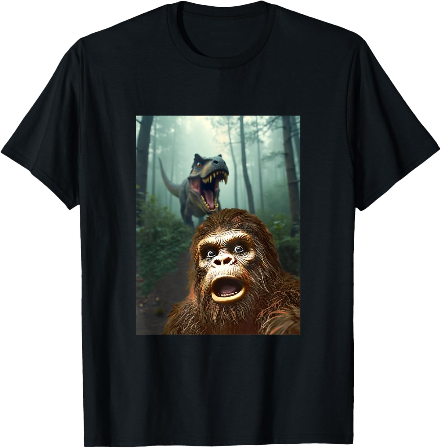 Bigfoot Selfie With T-Rex Dinosaur Funny Scared Sasquatch T-Shirt