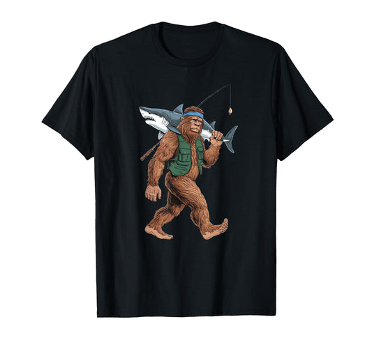 Bigfoot Fisherman Shirt - Funny Sasquatch With Shark T-Shirt
