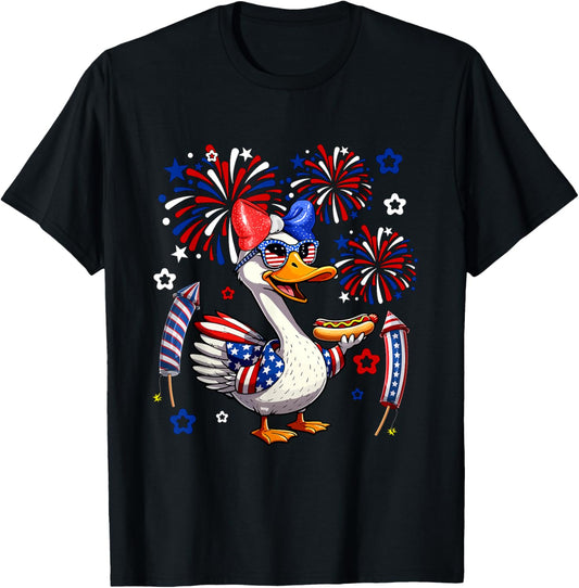 Goose Eating Hot Dog Sausage 4th Of July US Flag Women Girls T-Shirt