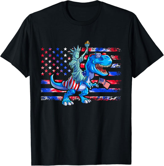 Dino Statue Of Liberty 4th Of July Shirt Boys American Flag T-Shirt