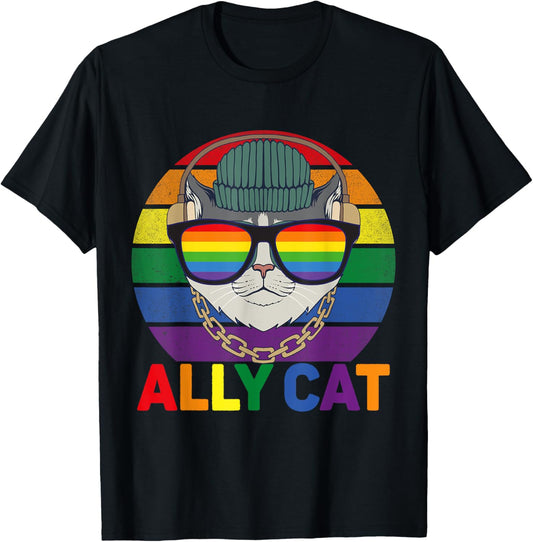 Ally Cat LGBT Gay Rainbow Pride Flag - Ally Cat LGBT Glasses T-Shirt