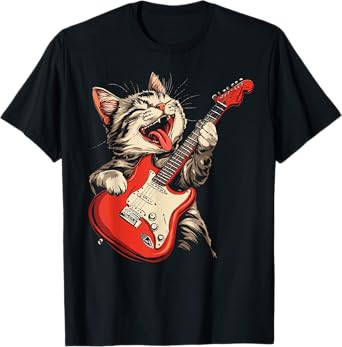 Rock Cat Playing Guitar T-Shirt for Men Women Kids