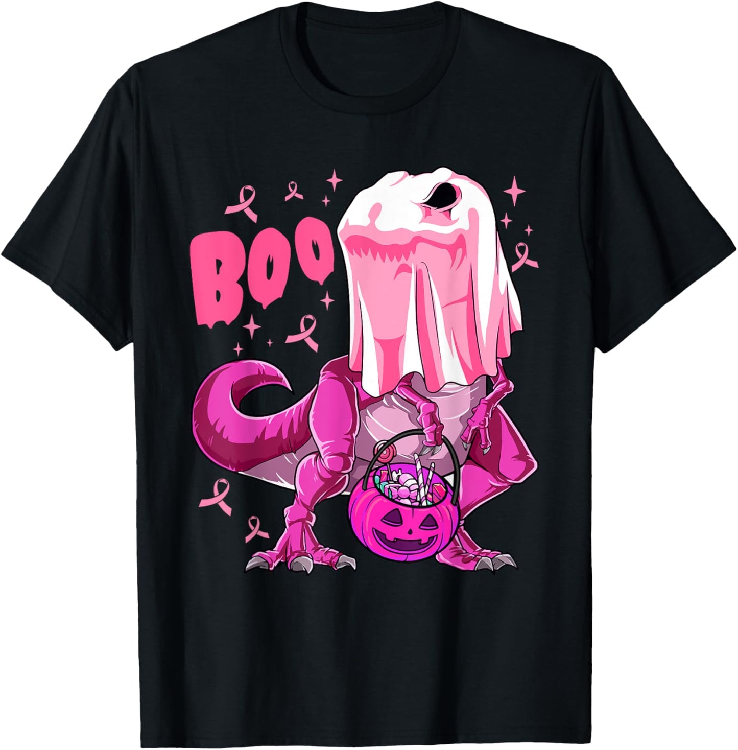 Ghost Dinosaur Funny Boo Halloween Support Breast Cancer T-Shirt