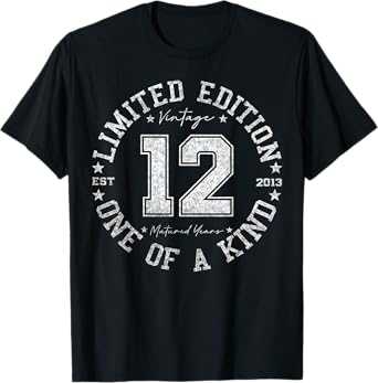 Retro One Of a Kind Shirts For Men Women 2025 12th Birthday T-Shirt, Unisex, Black, Small, Crew Neck, Classic, Short Sleeve, Vintage, Number, 12-Year-Olds, Girls, Boys