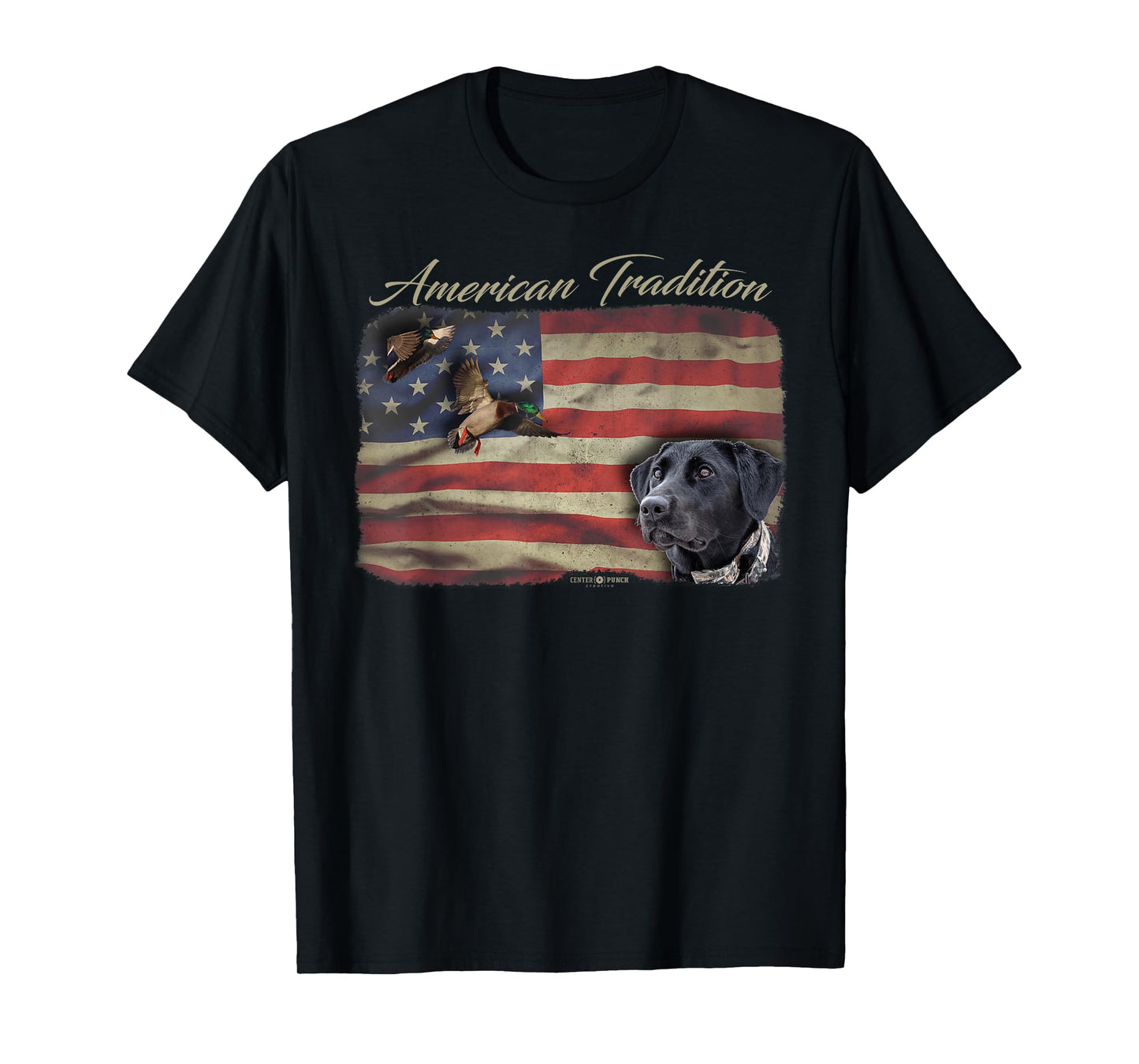 American Tradition Waterfowl Duck Hunting Dog Black Lab Flag Men Women Kids T-Shirt