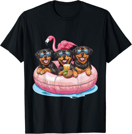 Cute Rottweiler Dogs Flamingo Pool Floaty Funny Sunglasses T-Shirt