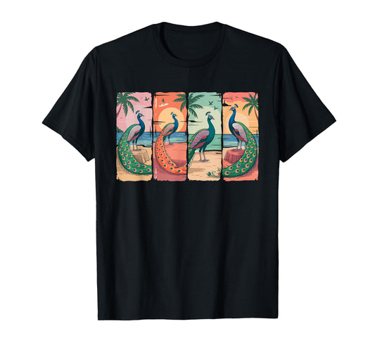 Vintage Retro Group Peacocks On Beach Funny Summer Vacation T-Shirt