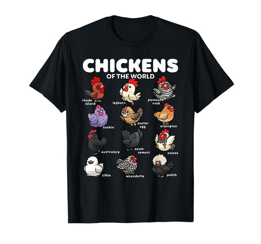 Chickens of the World Funny Cartoon Chicken Breeds Farm Art T-Shirt