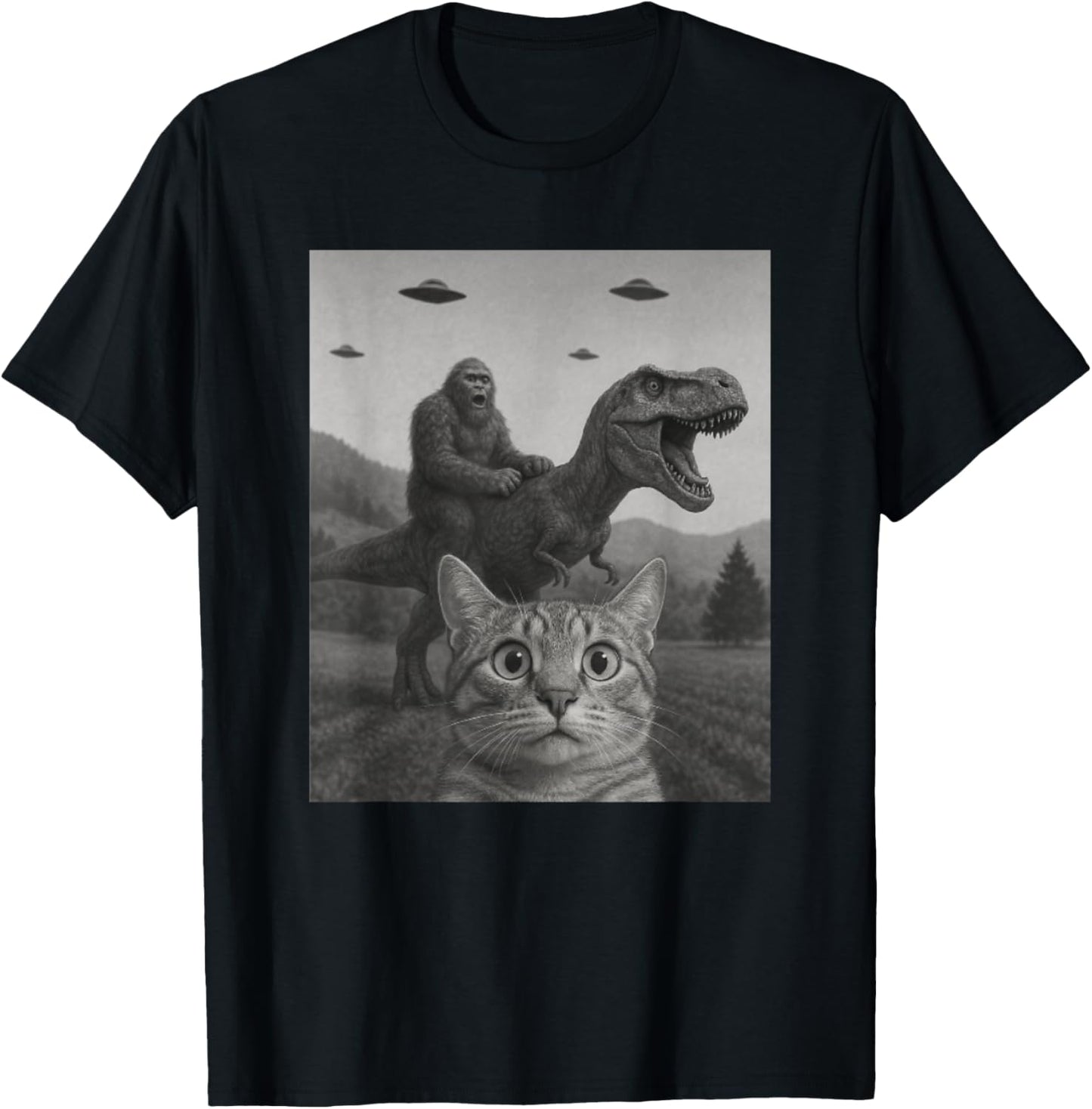 Cat Selfie with Bigfoot Riding T-rex Dinosaur Alien UFO Men Women Kids T-Shirt