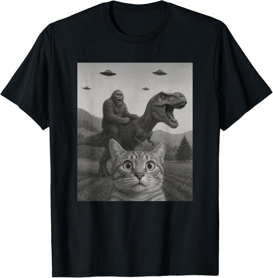 Cat Selfie with Bigfoot Riding T-rex Dinosaur Alien UFO Men Women Kids T-Shirt