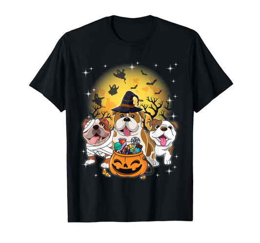 English Bulldog Mummy Witch Dog Moon Ghosts Halloween Day T-Shirt for Men Women Kids