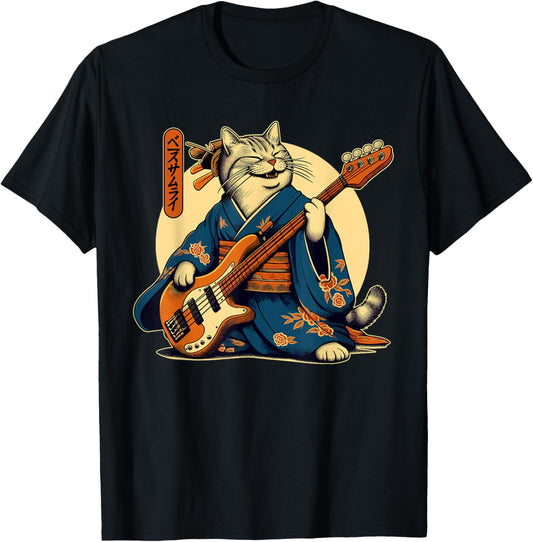 Japanese Samurai Cat Playing The Bass T-Shirt