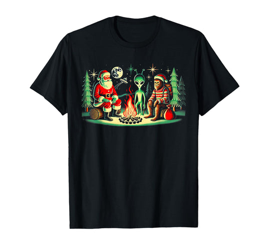 Santa Bigfoot and Alien Sat Around a Fire at Camp, Christmas T-Shirt