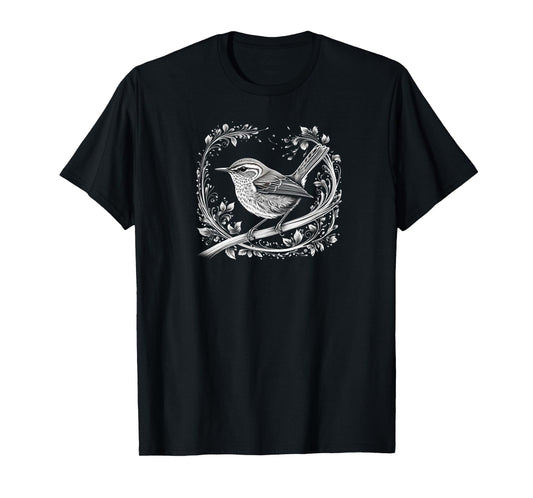 Evening Wren Black and White Bird Illustration T-Shirt