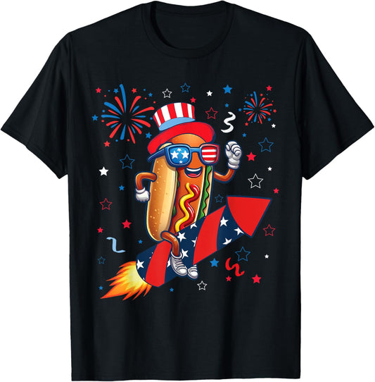Hotdog 4th Of July Patriotic Rocket and Fireworks USA Flag T-Shirt
