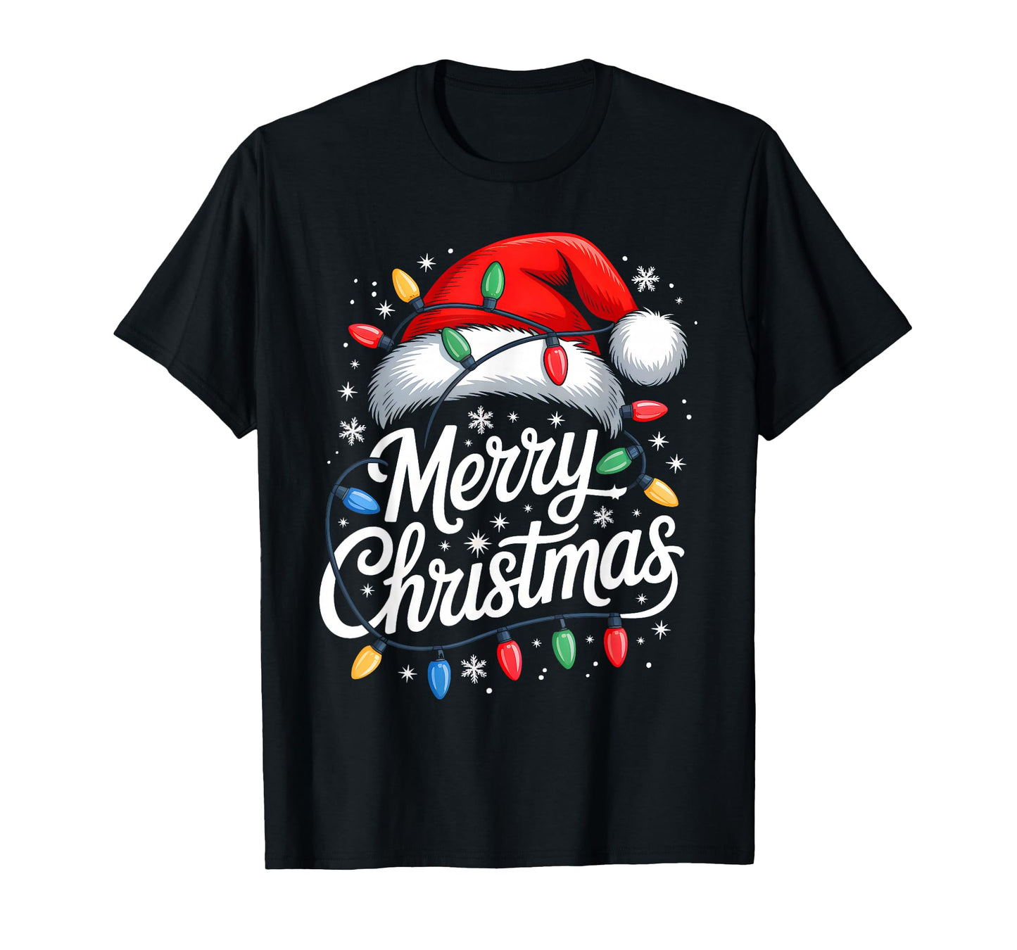 Merry Christmas Lights Red Santa Hat Xmas Family Men Women T-Shirt