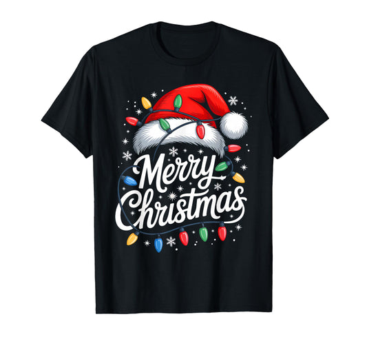 Merry Christmas Lights Red Santa Hat Xmas Family Men Women T-Shirt