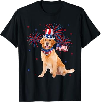 Golden Retriever Costume American Flag 4th of July Fireworks Women Kids Men T-Shirt